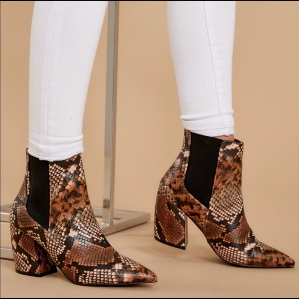 red dress boutique brown snakeskin booties